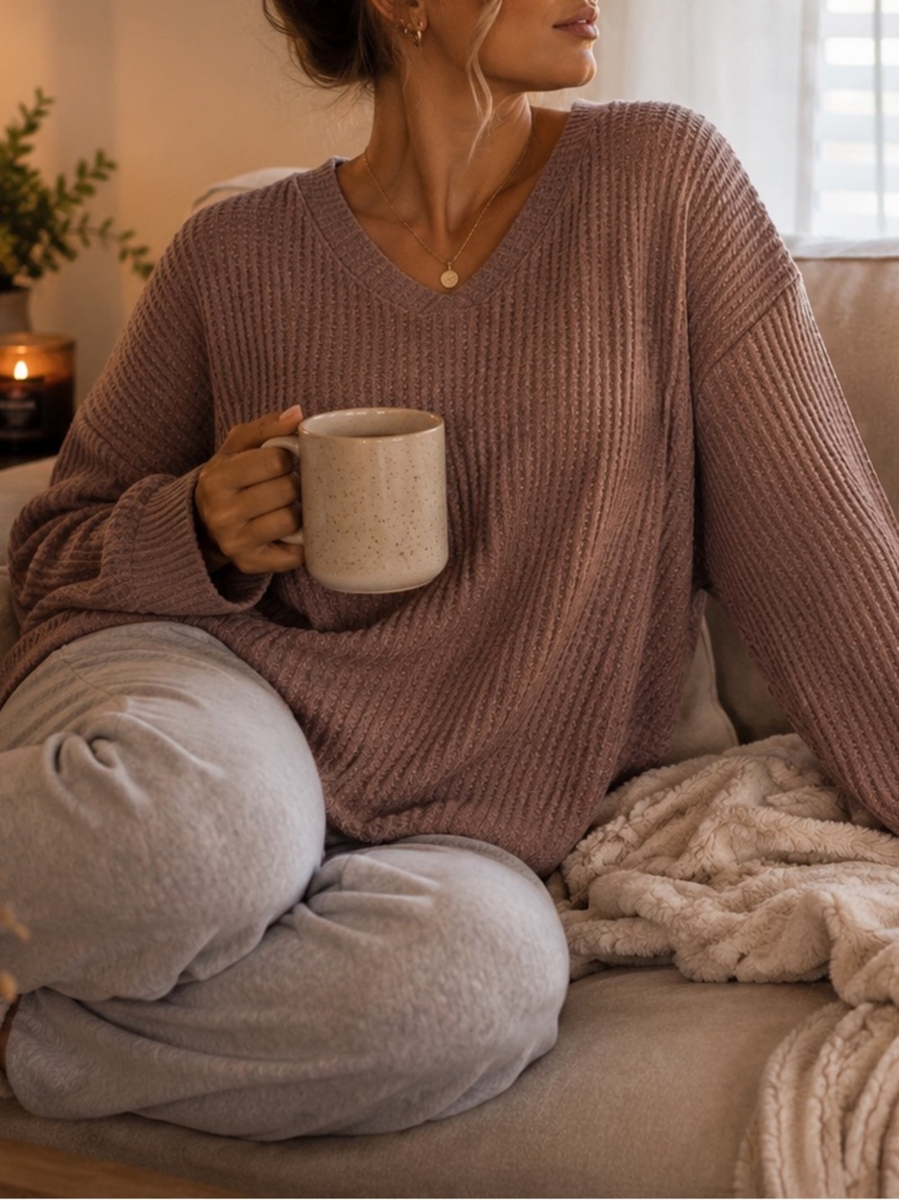 Lavon Mauve Waffle Knit V Neck Sweater XL Cozy Lounge Top Soft Casual